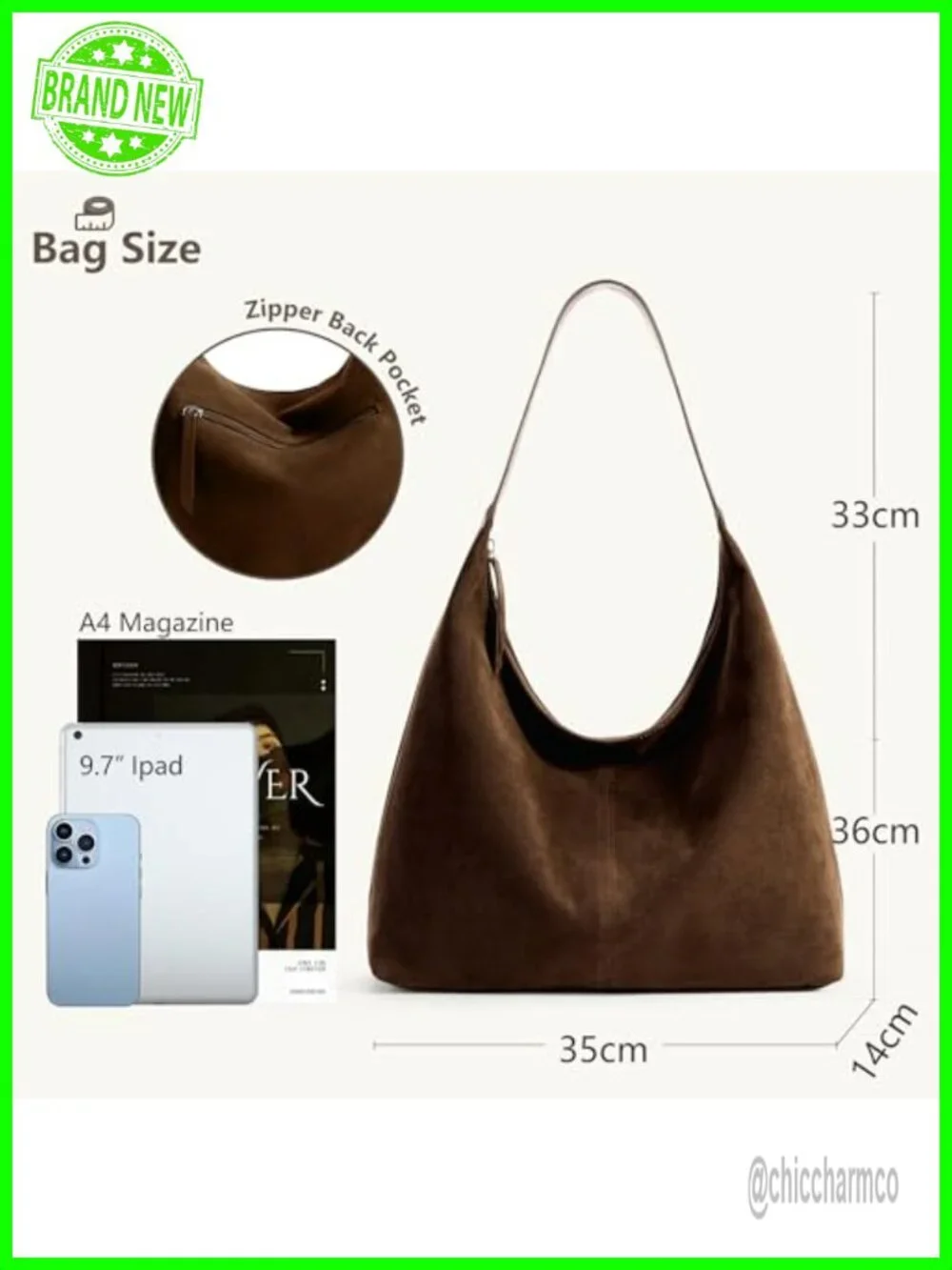 Casual Hobo Tote Bag - Faux Suede Leather with Zipper Closure
